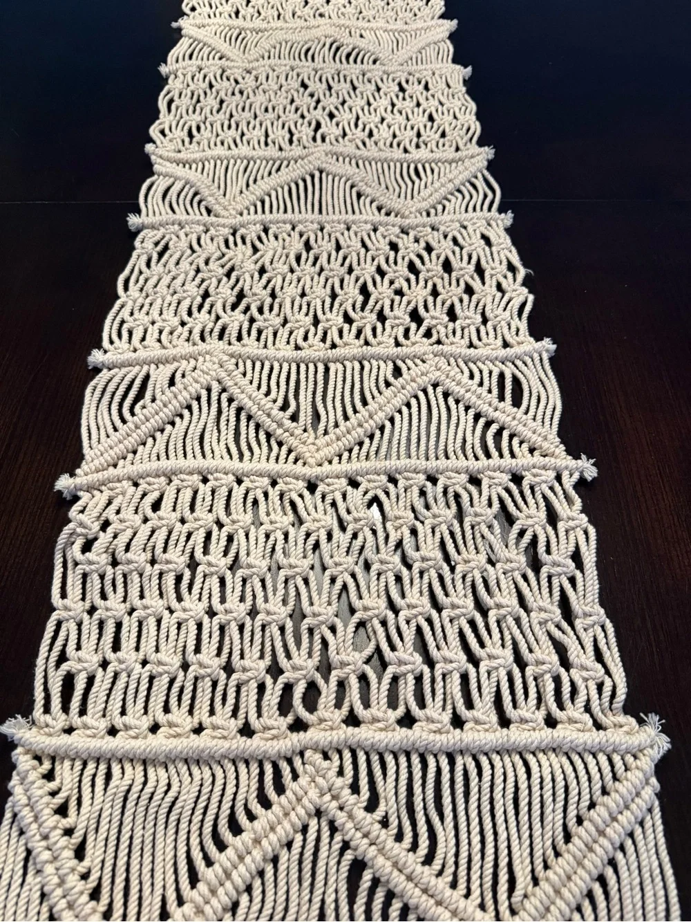 Handwoven Macramé Table Runner Boho Fringe Cotton Linen Natural Cream Rope Spain